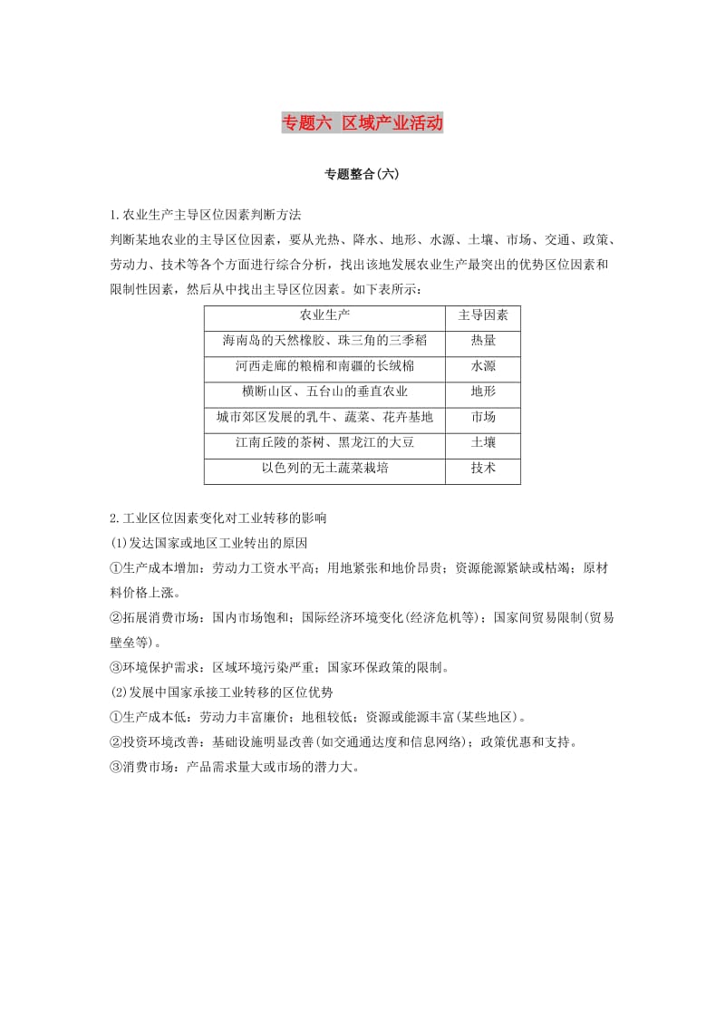 2019高考地理二轮优选习题专题六区域产业活动专题整合学案.doc_第1页