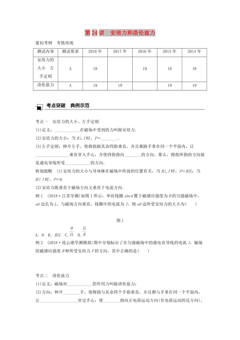 江苏省2019版高中物理学业水平测试复习 第九章 磁场 第24讲 安培力和洛伦兹力学案 选修1 -1.doc_第1页