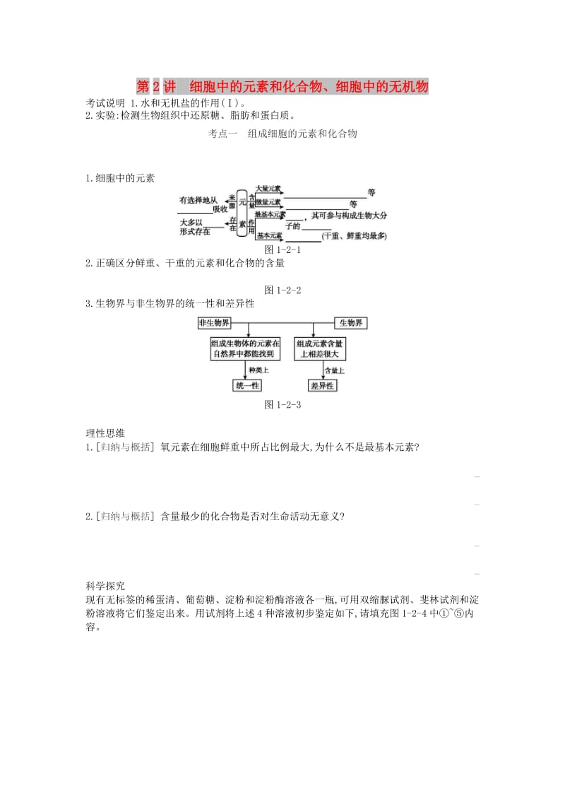 2019版高考生物一轮复习 第1单元 走近细胞与细胞的分子组成 第2讲 细胞中的元素和化合物、细胞中的无机物学案 苏教版.doc_第1页