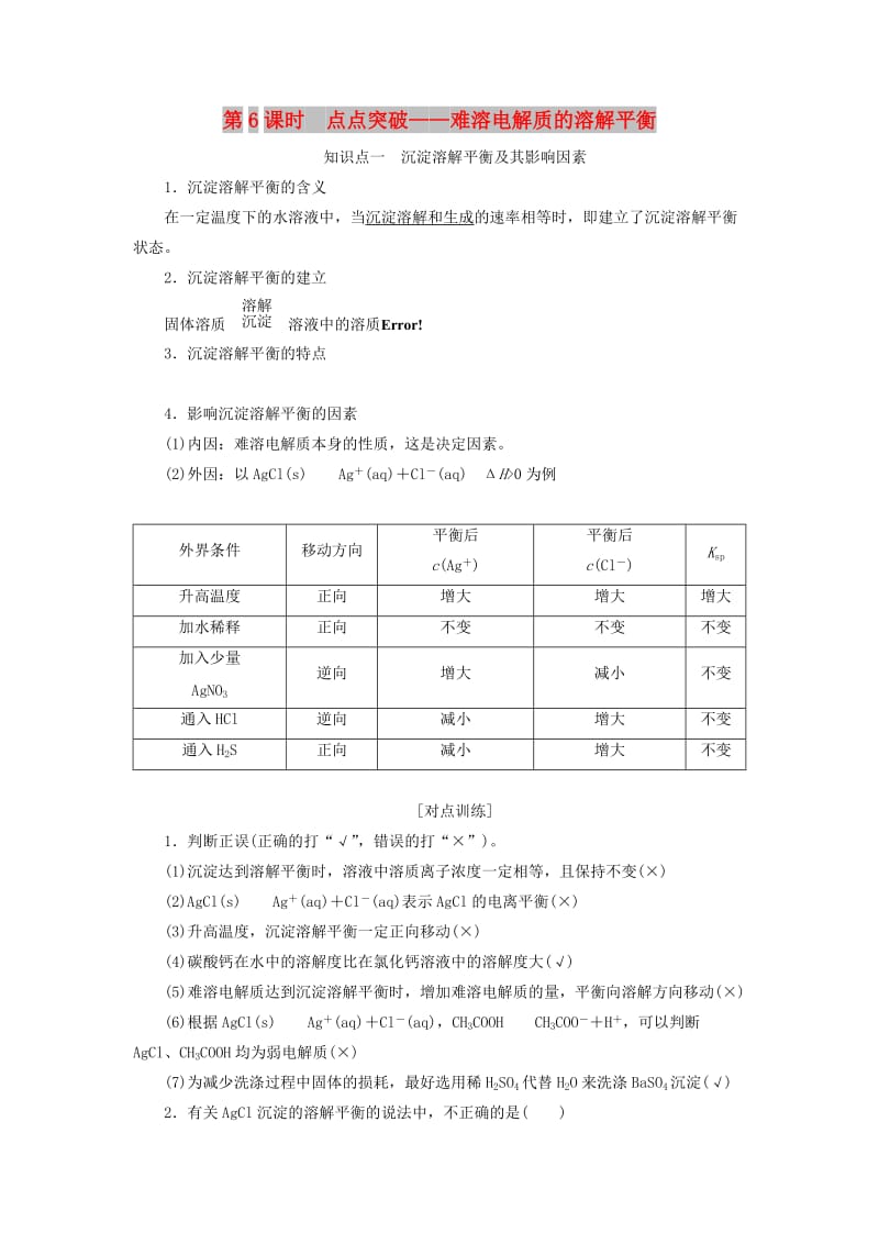 （新课改省份专版）2020高考化学一轮复习 7.6 点点突破 难溶电解质的溶解平衡学案（含解析）.doc_第1页