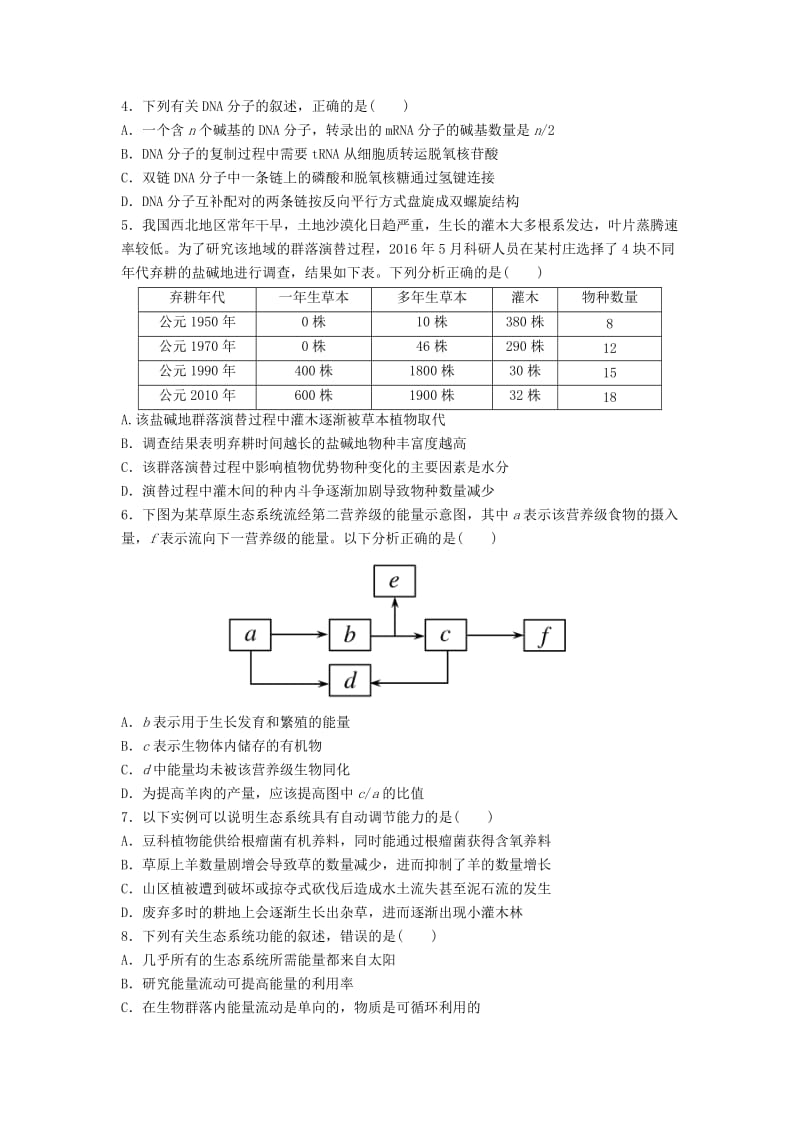 河北省涉县2018年高考生物三轮冲刺 考前15天课堂集训 选择题专项训练（2）.doc_第2页