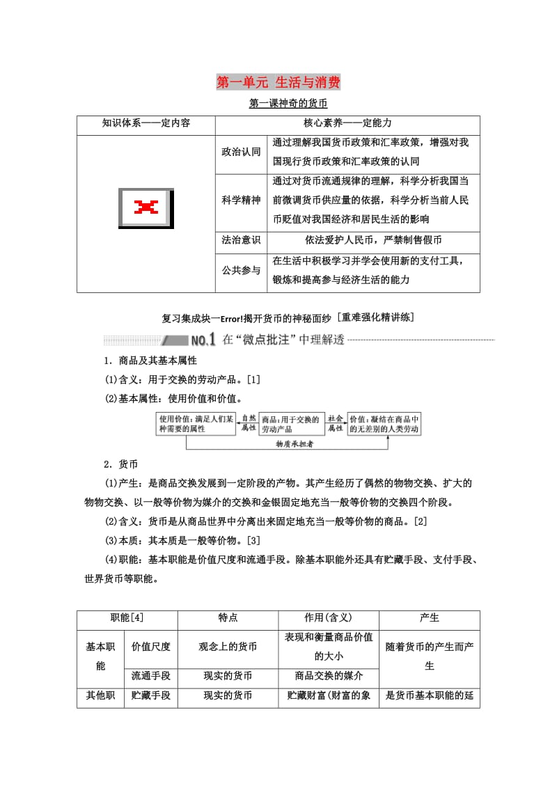 （新课改省份专用）2020高考政治一轮复习 第一模块 经济生活 第一单元 生活与消费 第一课 神奇的货币讲义（含解析）.doc_第1页