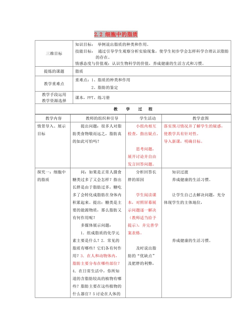 陕西省安康市石泉县高中生物 第二章 细胞的化学组成 2.2 细胞中的脂质教案1 苏教版必修1.doc_第1页