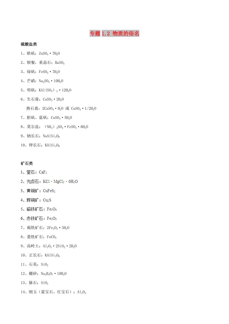 2019年高考化学 艺体生百日突围系列 专题1.2 物质的俗名基础知识速记手册素材.doc_第1页