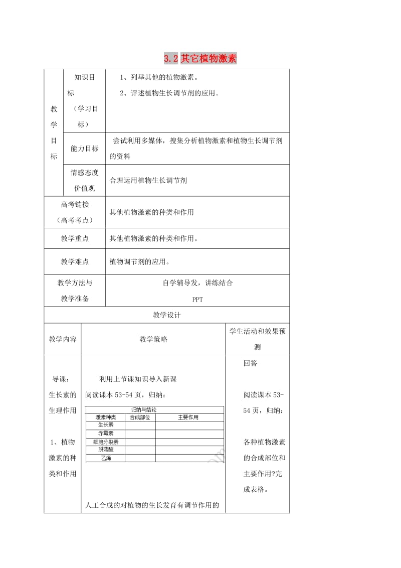 内蒙古开鲁县高中生物 第三章 植物的激素调节 3.3 其它植物激素教案 新人教版必修3.doc_第1页