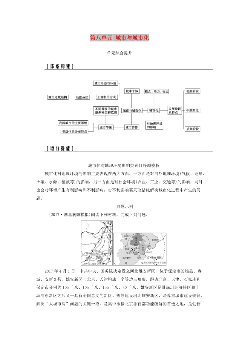 2019高考地理一轮复习 第二部分 第八单元 城市与城市化单元综合提升学案.doc_第1页