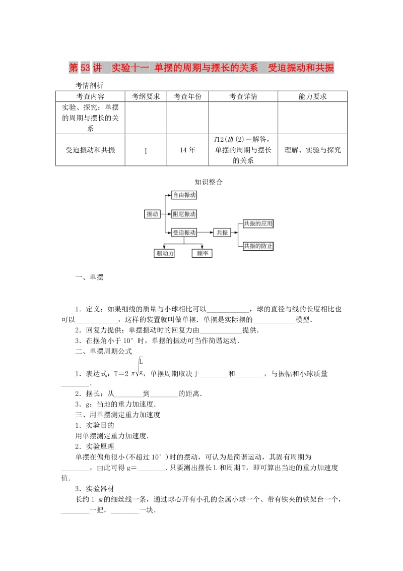 江苏专版2019年高考物理总复习第53讲实验十一单摆的周期与摆长的关系受迫振动和共振讲义.doc_第1页