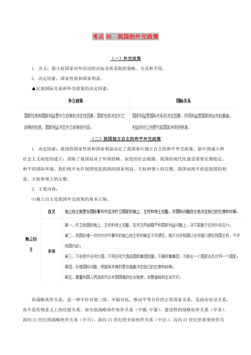 2019年高考政治 考点一遍过 考点30 我国的外交政策（含解析）.doc_第1页