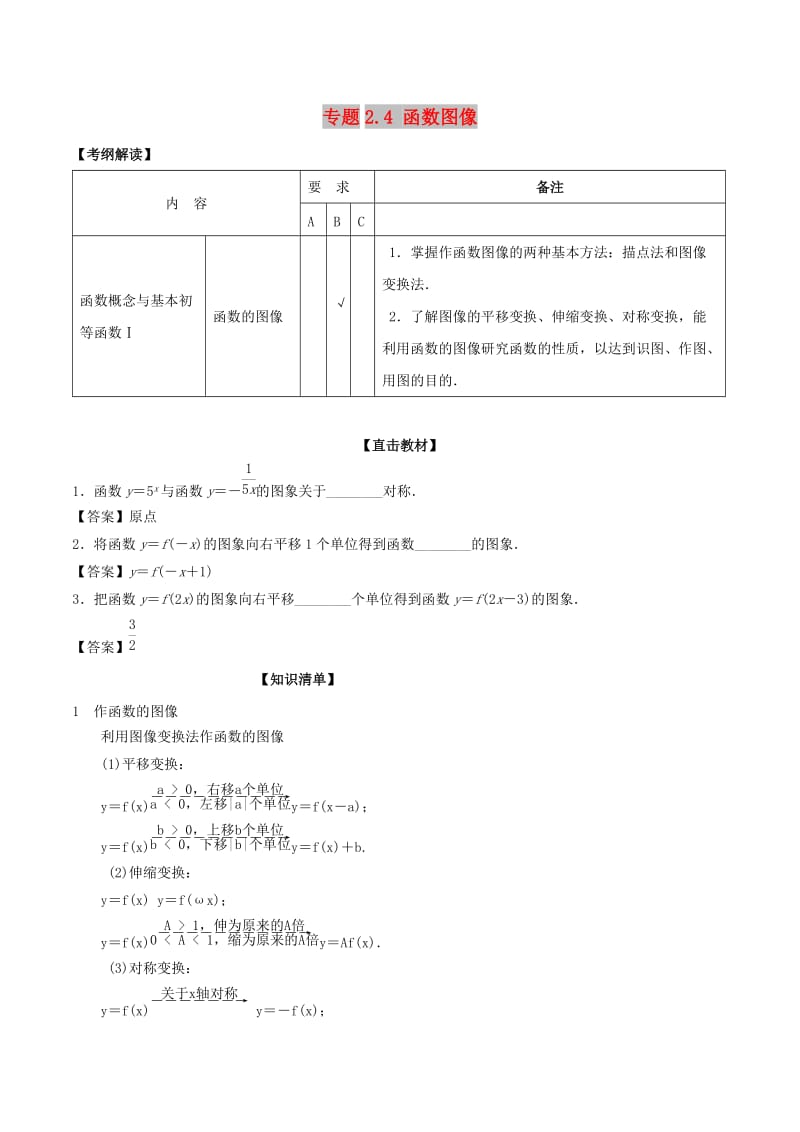 （江苏专版）2019年高考数学一轮复习 专题2.4 函数图像（讲）.doc_第1页