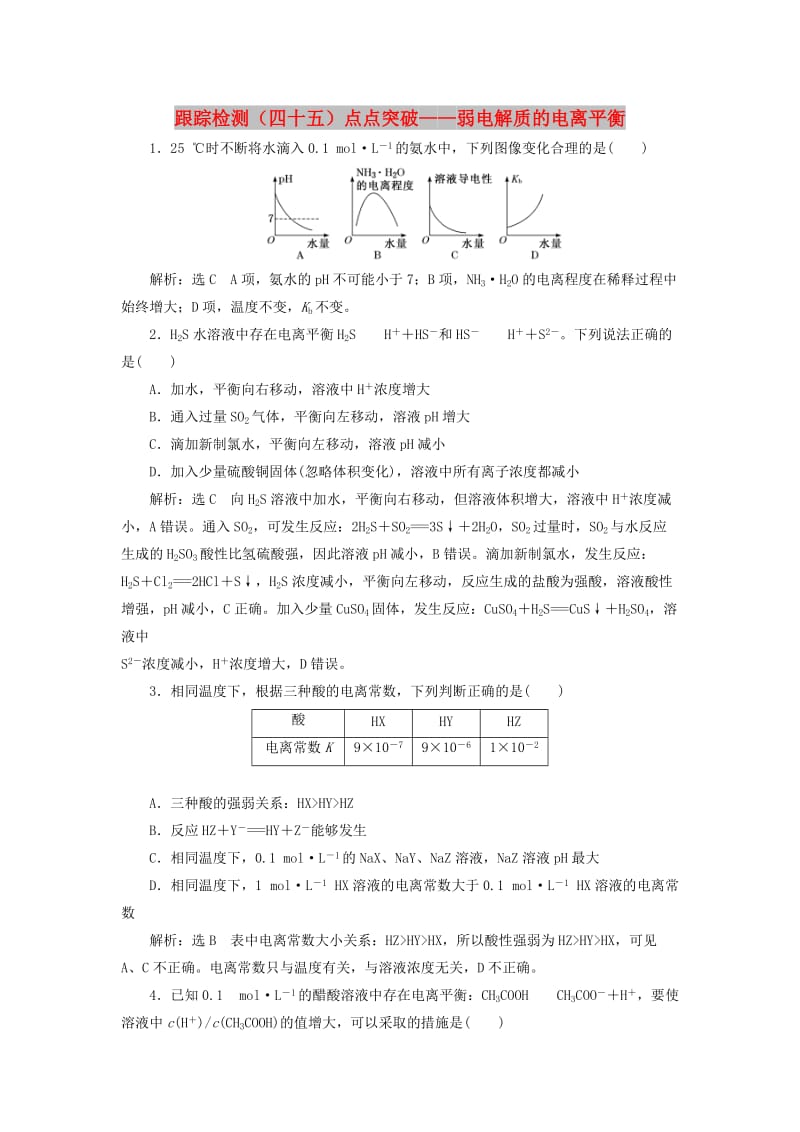 （通用版）2020高考化学一轮复习 跟踪检测（四十五）点点突破 弱电解质的电离平衡（含解析）.doc_第1页