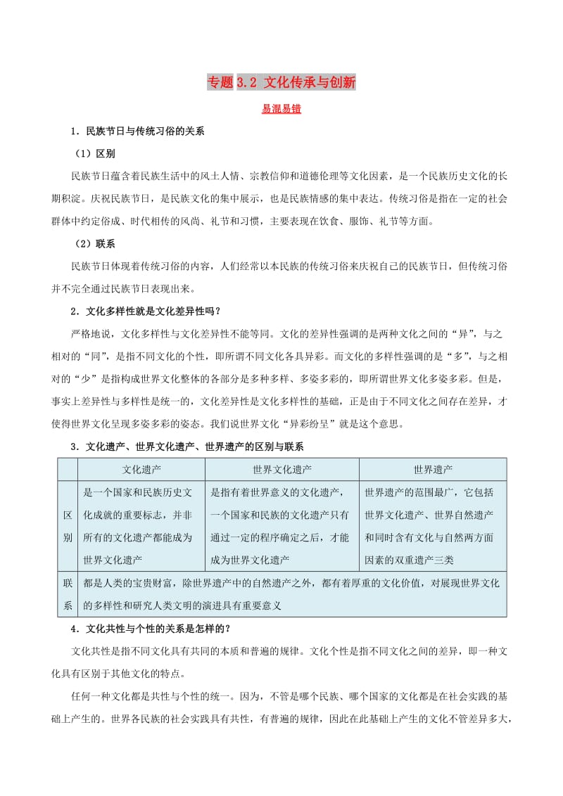 2019年高考政治二轮复习 易混易错点归纳讲解 专题3.2 文化传承与创新.doc_第1页