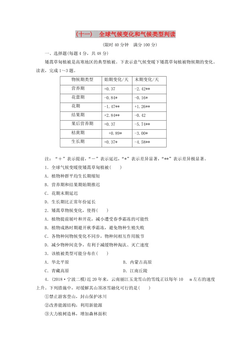 安徽省萧县2019届高考地理 课后巩固训练（十一）全球气候变化和气候类型判读 新人教版.doc_第1页