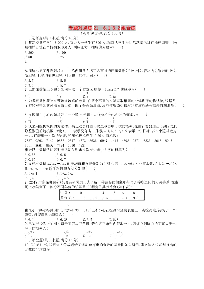 （新课标）广西2019高考数学二轮复习 专题对点练21 6.1~6.2组合练.docx_第1页