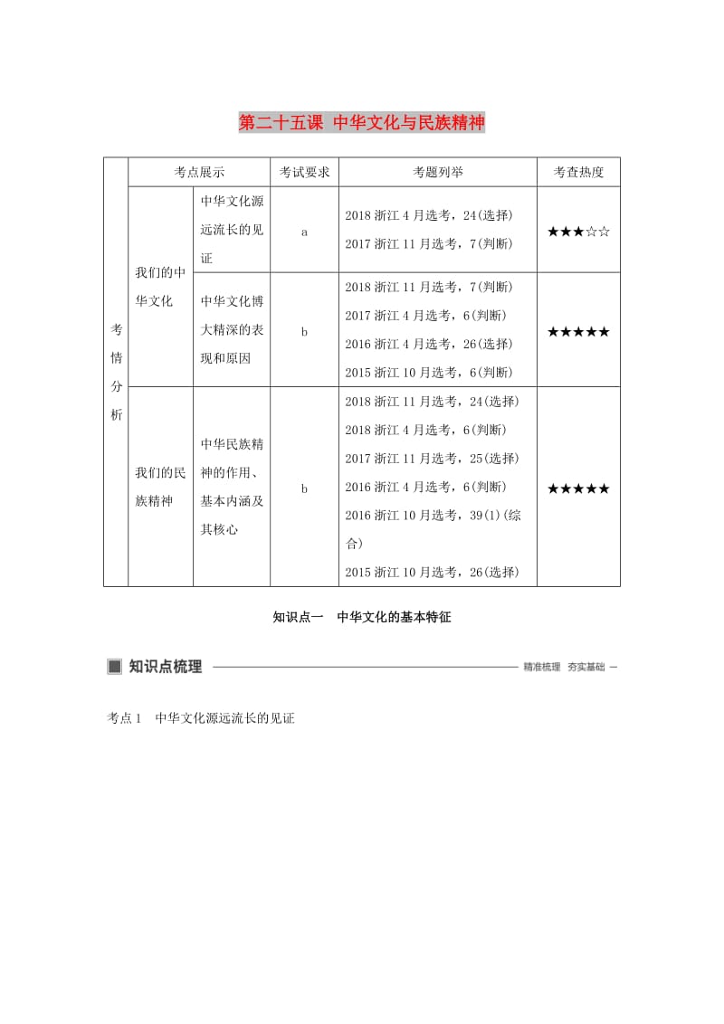 浙江专用版2020版高考政治大一轮复习第十一单元发展中国特色社会主义文化第二十五课中华文化与民族精神讲义.doc_第1页