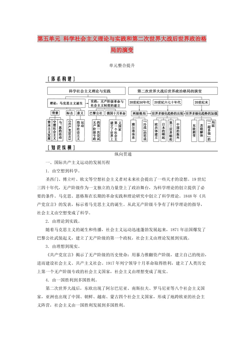 2019版高考历史总复习 第五单元 科学社会主义理论与实践和第二次世界大战后世界政治格局的演变单元整合提升学案.doc_第1页