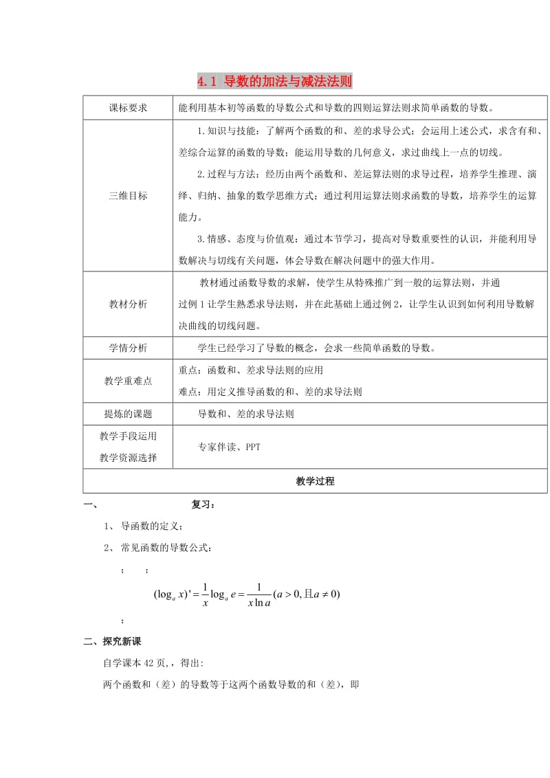 陕西省石泉县高中数学 第二章 变化率与导数 2.4.1 导数的加法与减法法则教案 北师大版选修2-2.doc_第1页