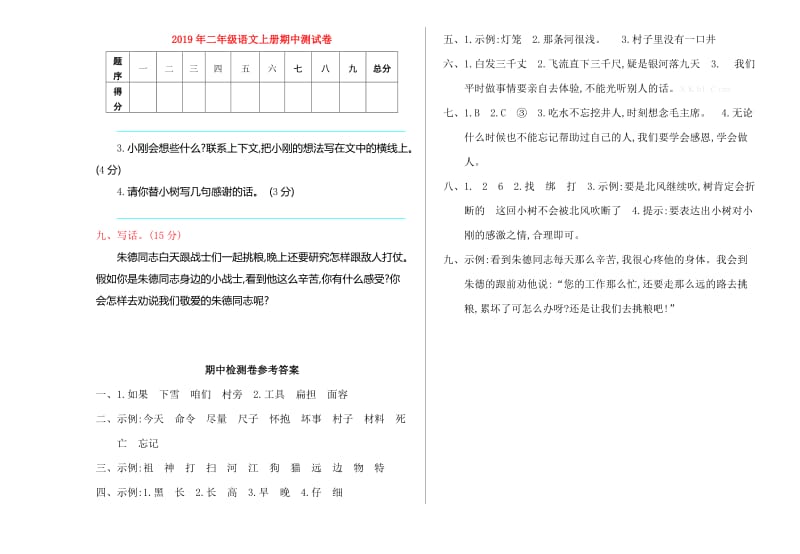 2019年二年级语文上册期中测试卷.doc_第1页