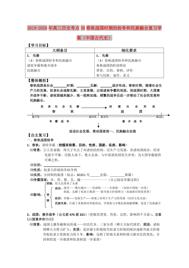 2019-2020年高三历史考点38春秋战国时期的纷争和民族融合复习学案（中国古代史）.doc_第1页