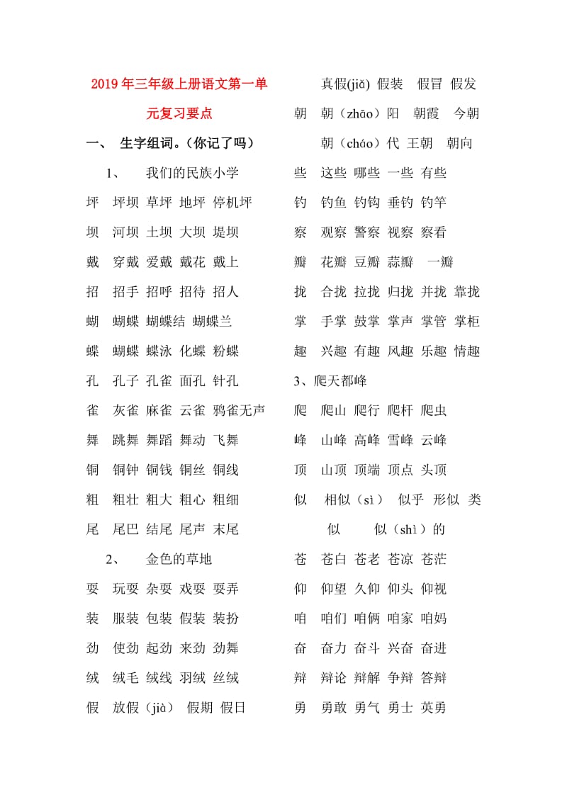 2019年三年级上册语文第一单元复习要点.doc_第1页