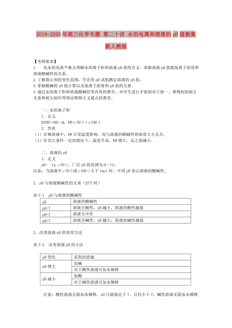 2019-2020年高三化学专题 第二十讲 水的电离和溶液的pH值教案 新人教版.doc_第1页