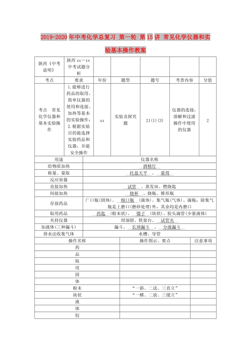 2019-2020年中考化学总复习 第一轮 第15讲 常见化学仪器和实验基本操作教案.doc_第1页