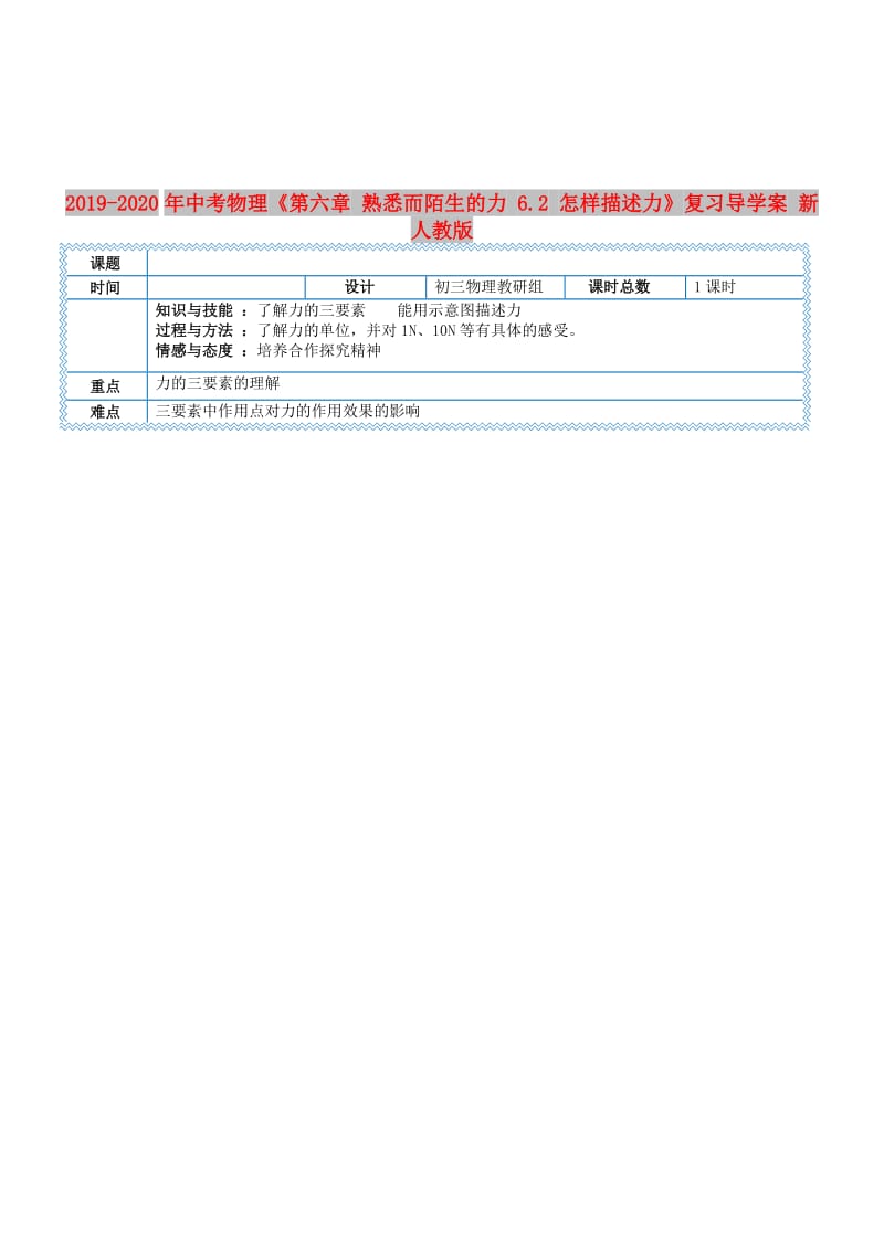 2019-2020年中考物理《第六章 熟悉而陌生的力 6.2 怎样描述力》复习导学案 新人教版.doc_第1页