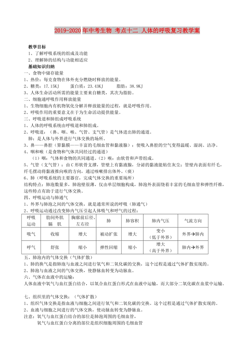 2019-2020年中考生物 考点十二 人体的呼吸复习教学案.doc_第1页