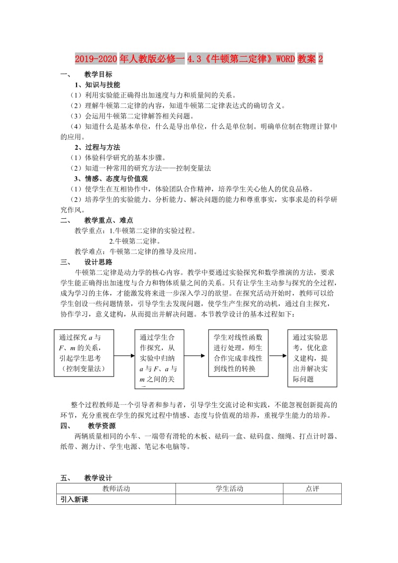 2019-2020年人教版必修一4.3《牛顿第二定律》WORD教案2.doc_第1页