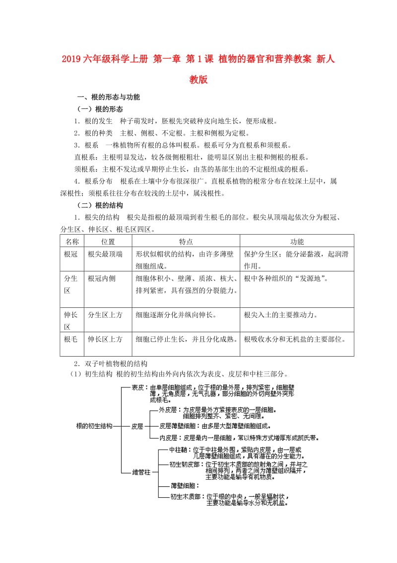 2019六年级科学上册 第一章 第1课 植物的器官和营养教案 新人教版.doc_第1页