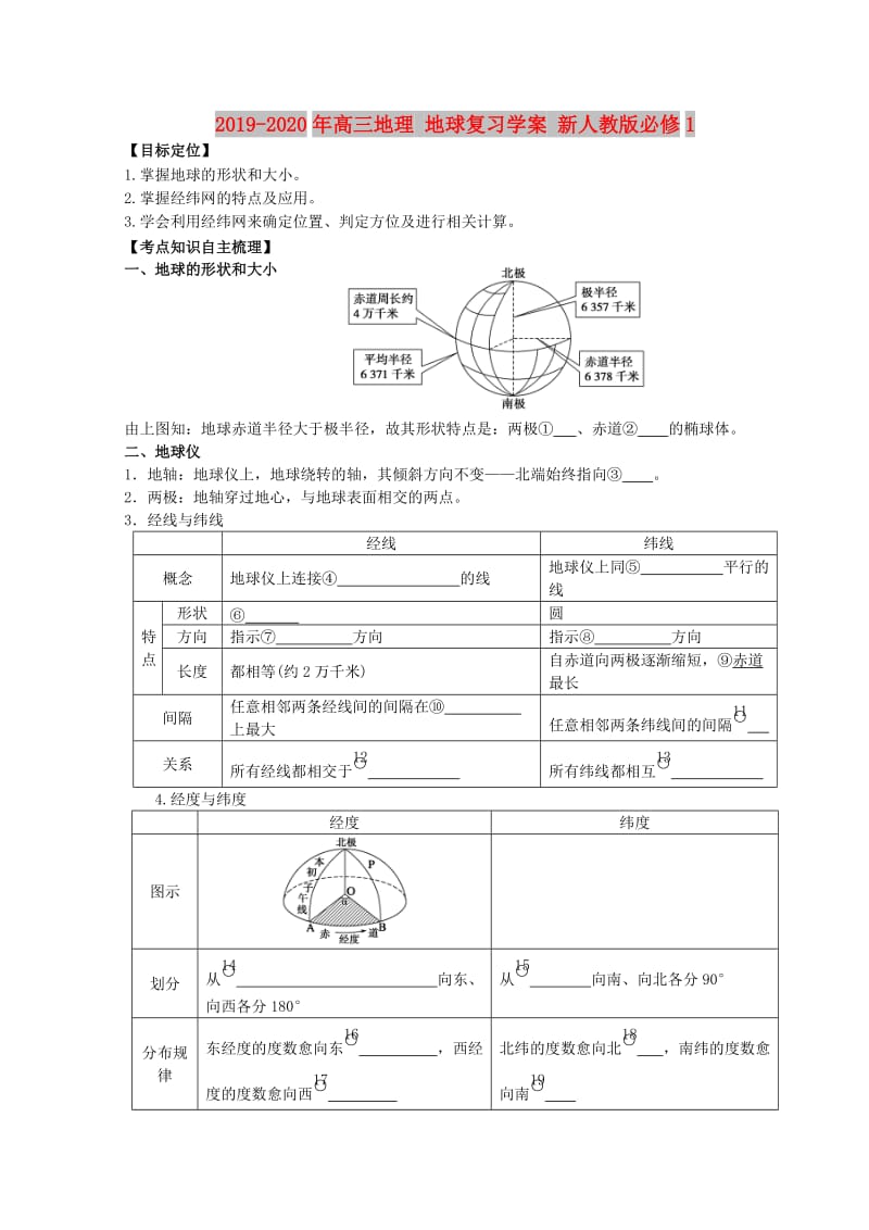 2019-2020年高三地理 地球复习学案 新人教版必修1.doc_第1页