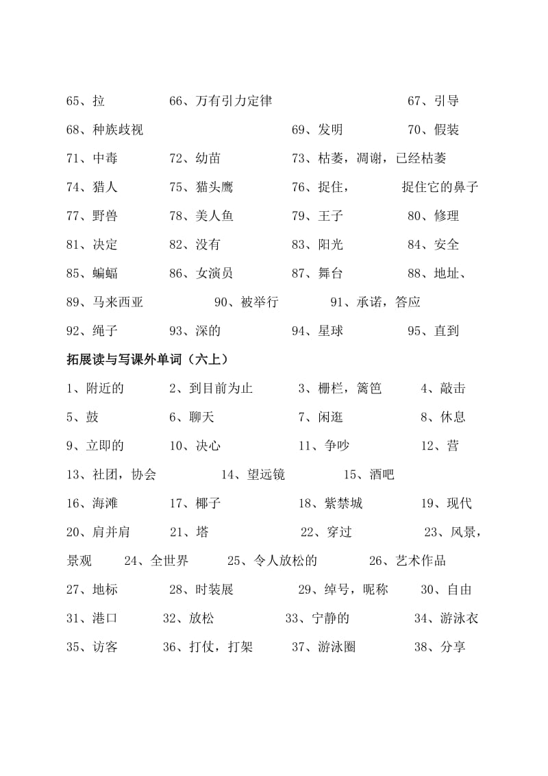 2019年六年级活动手册和拓展读与写的课外单词(中译英).doc_第2页