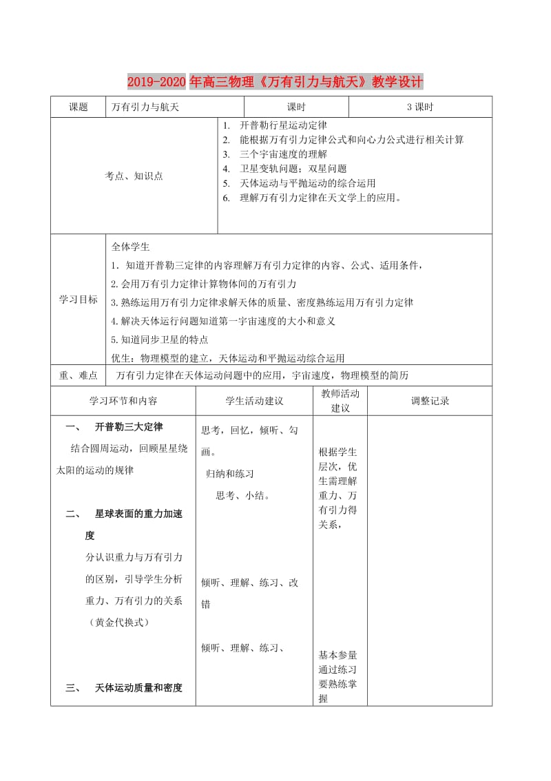 2019-2020年高三物理《万有引力与航天》教学设计.doc_第1页