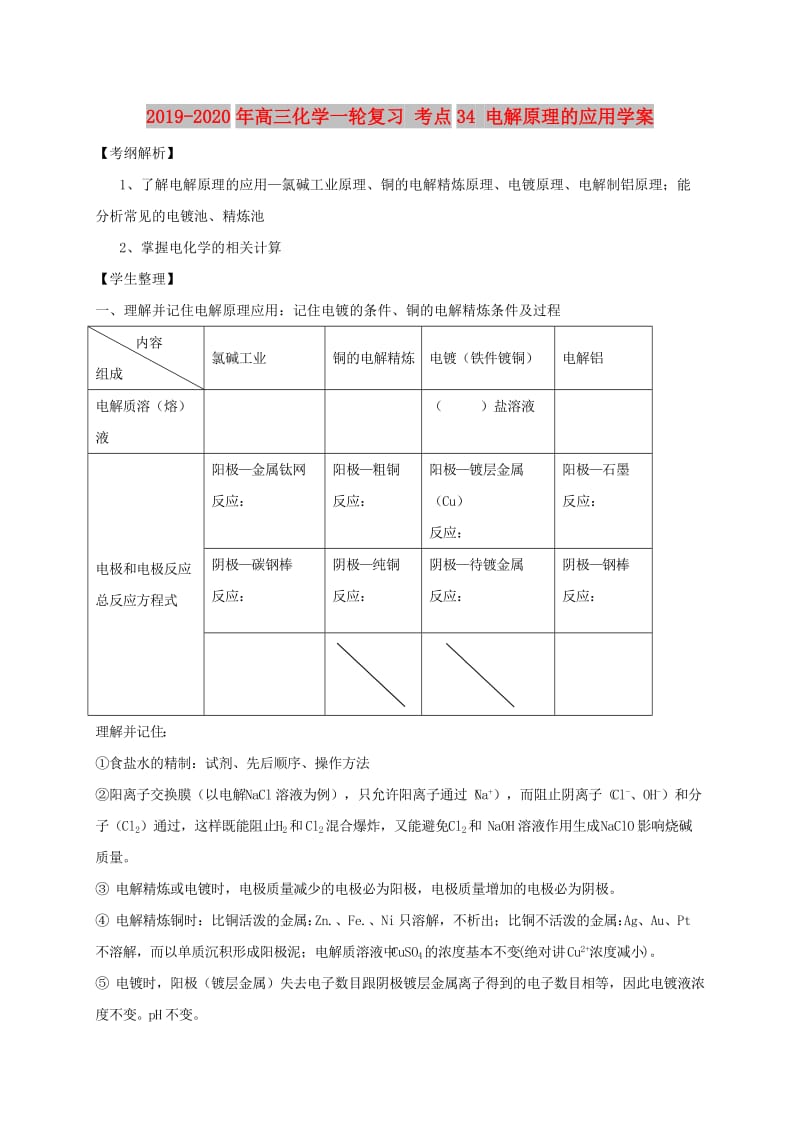 2019-2020年高三化学一轮复习 考点34 电解原理的应用学案.doc_第1页