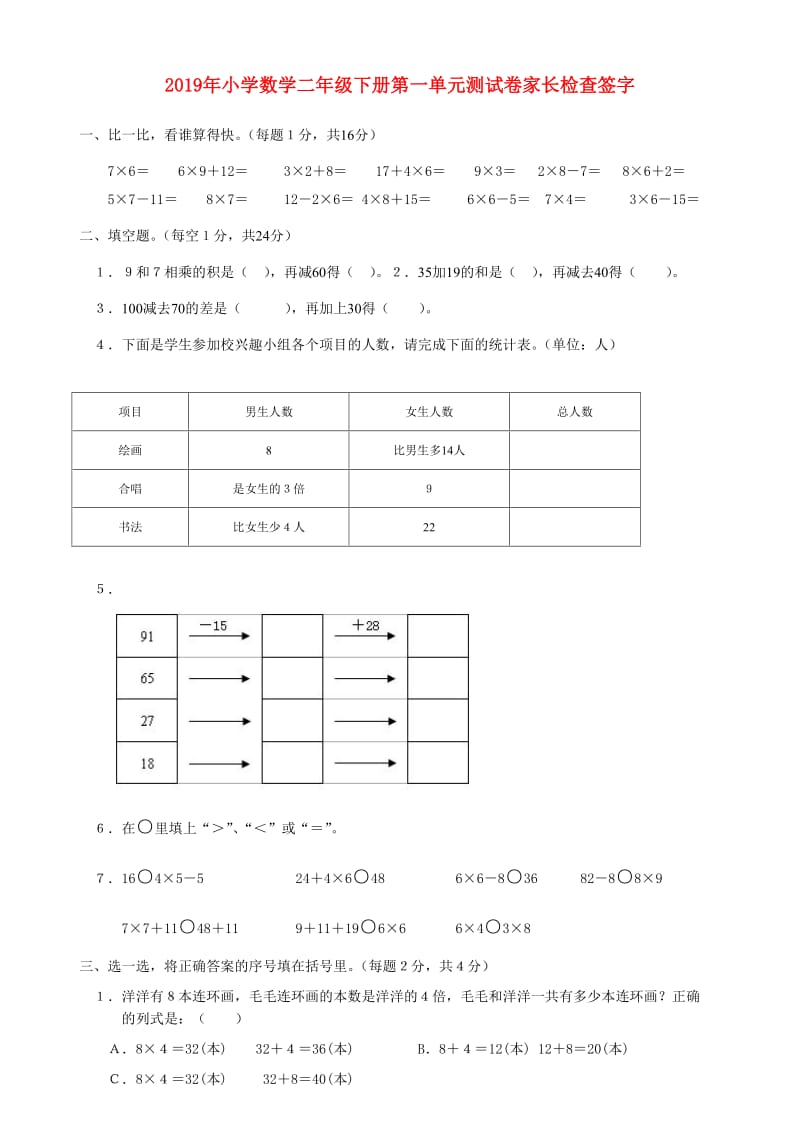 2019年小学数学二年级下册第一单元测试卷家长检查签字.doc_第1页