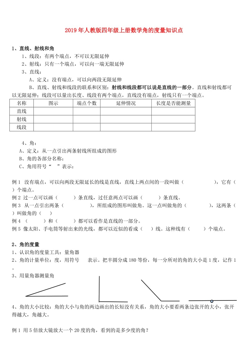 2019年人教版四年级上册数学角的度量知识点.doc_第1页