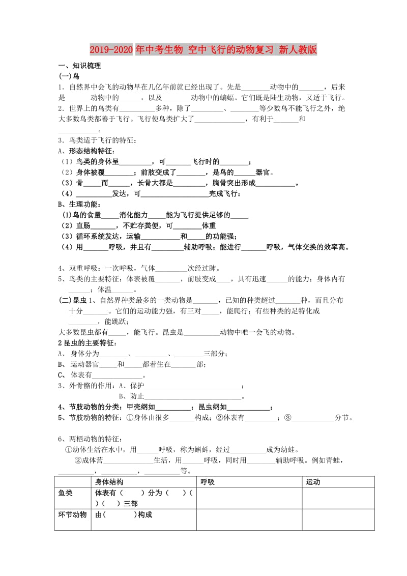 2019-2020年中考生物 空中飞行的动物复习 新人教版.doc_第1页