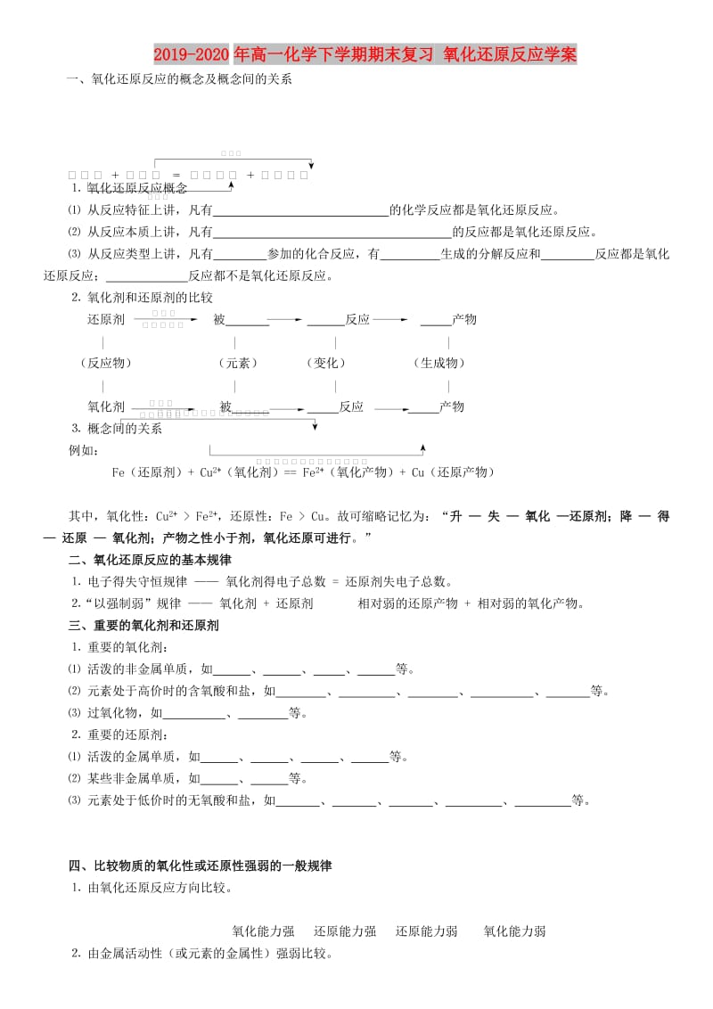 2019-2020年高一化学下学期期末复习 氧化还原反应学案.doc_第1页