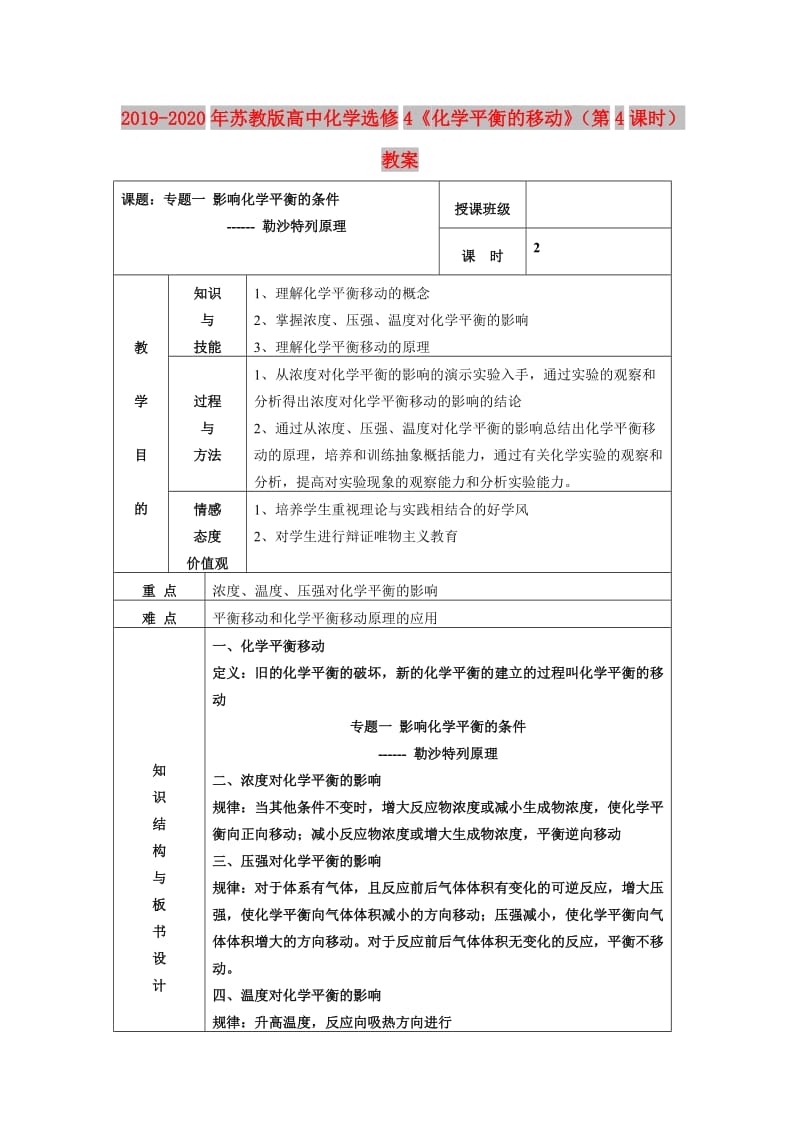 2019-2020年苏教版高中化学选修4《化学平衡的移动》（第4课时）教案.doc_第1页