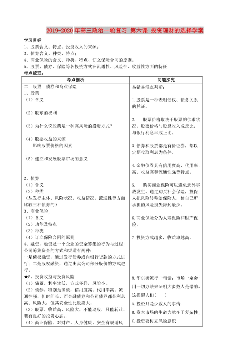 2019-2020年高三政治一轮复习 第六课 投资理财的选择学案.doc_第1页