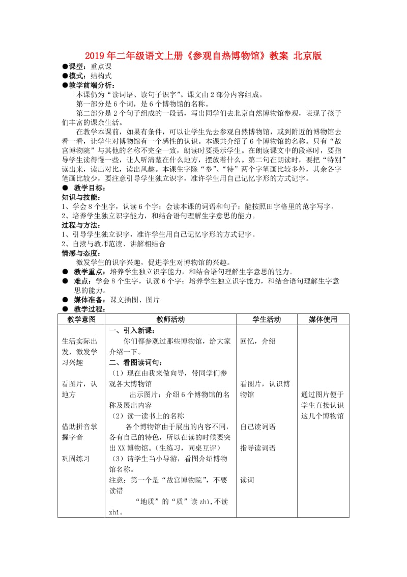 2019年二年级语文上册《参观自热博物馆》教案 北京版.doc_第1页