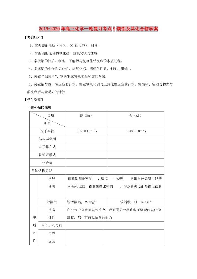 2019-2020年高三化学一轮复习考点9镁铝及其化合物学案.doc_第1页