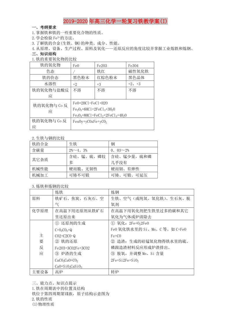 2019-2020年高三化学一轮复习铁教学案(I).doc_第1页
