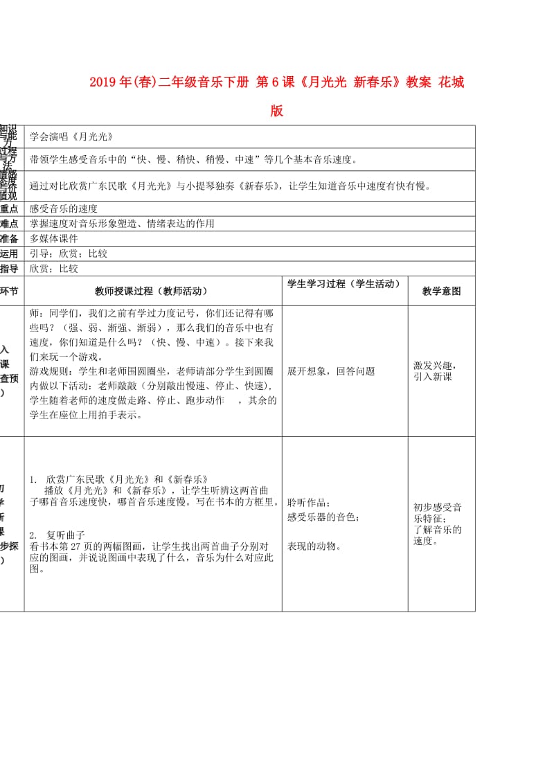 2019年(春)二年级音乐下册 第6课《月光光 新春乐》教案 花城版.doc_第1页