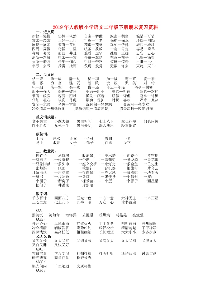 2019年人教版小学语文二年级下册期末复习资料.doc_第1页