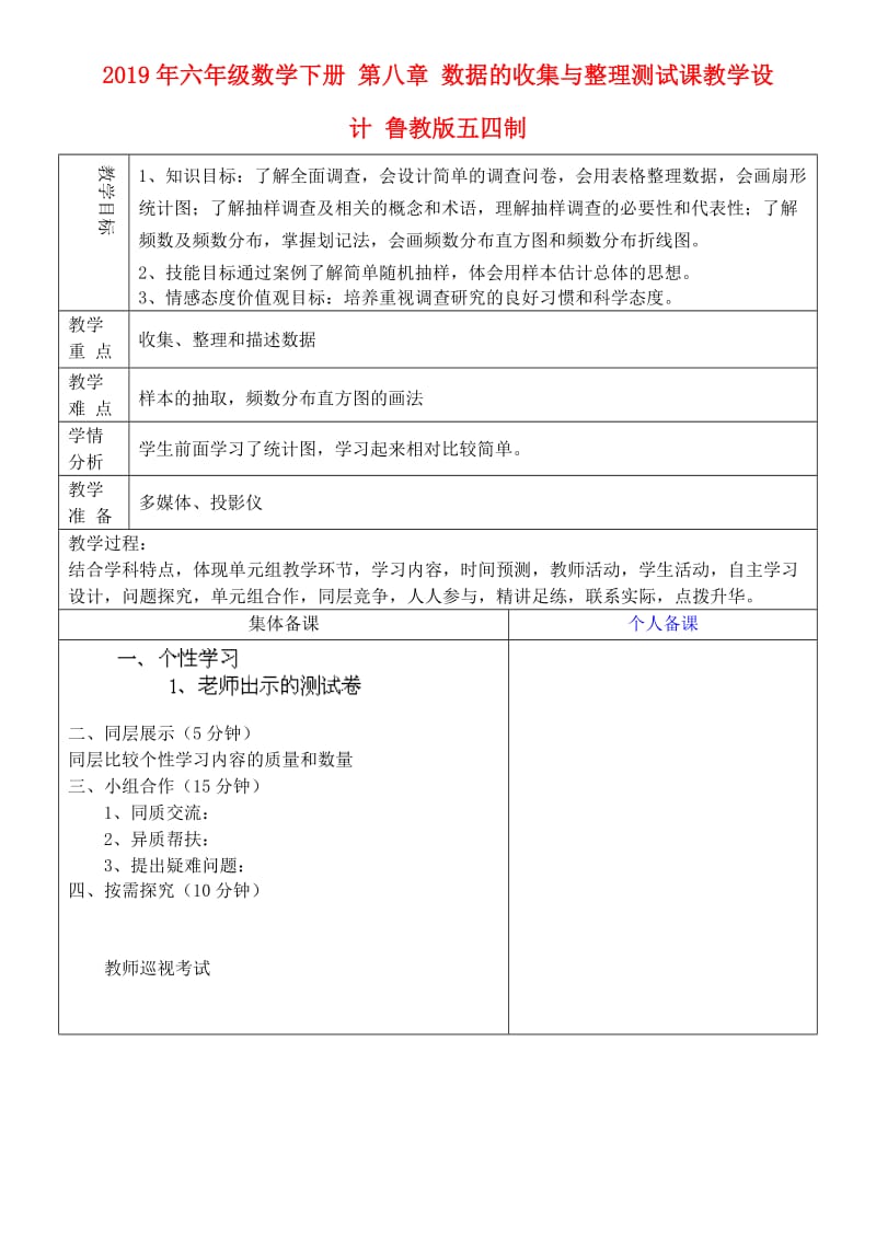 2019年六年级数学下册 第八章 数据的收集与整理测试课教学设计 鲁教版五四制.doc_第1页