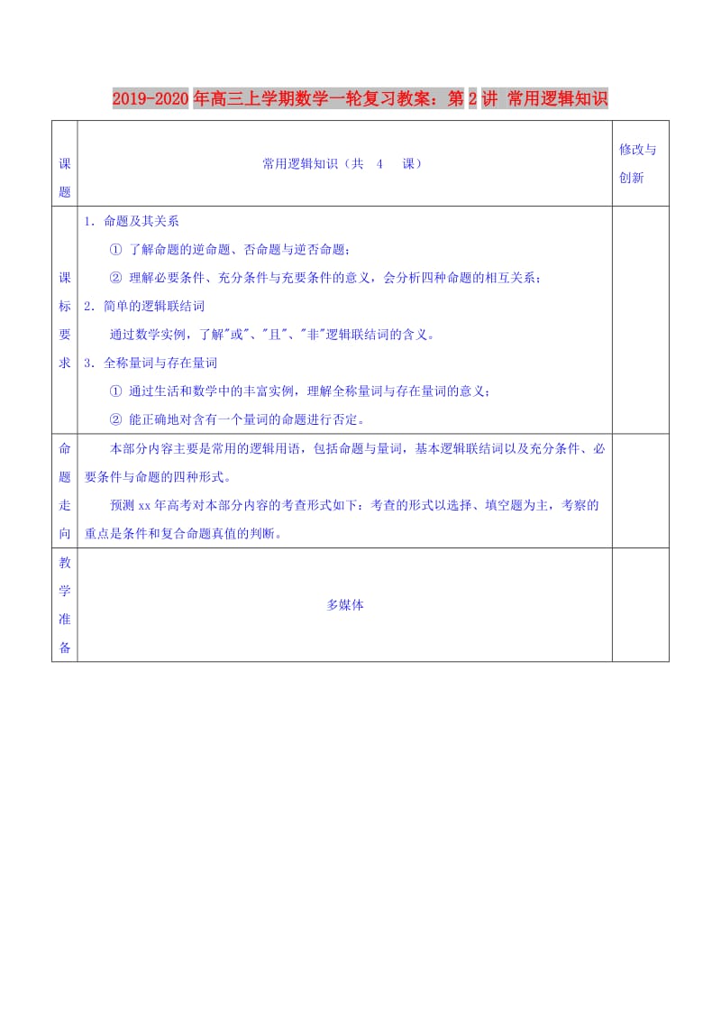 2019-2020年高三上学期数学一轮复习教案：第2讲 常用逻辑知识.doc_第1页