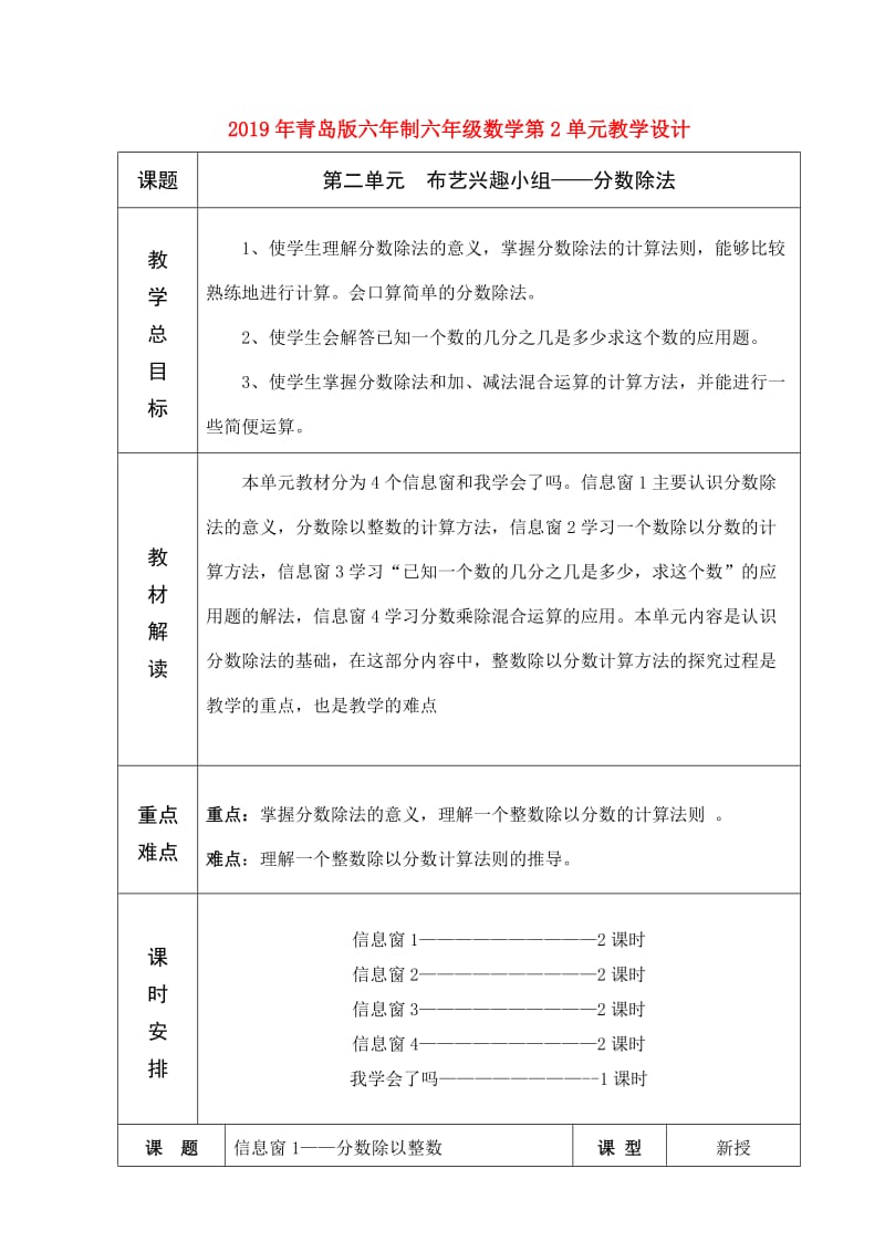 2019年青岛版六年制六年级数学第2单元教学设计.doc_第1页