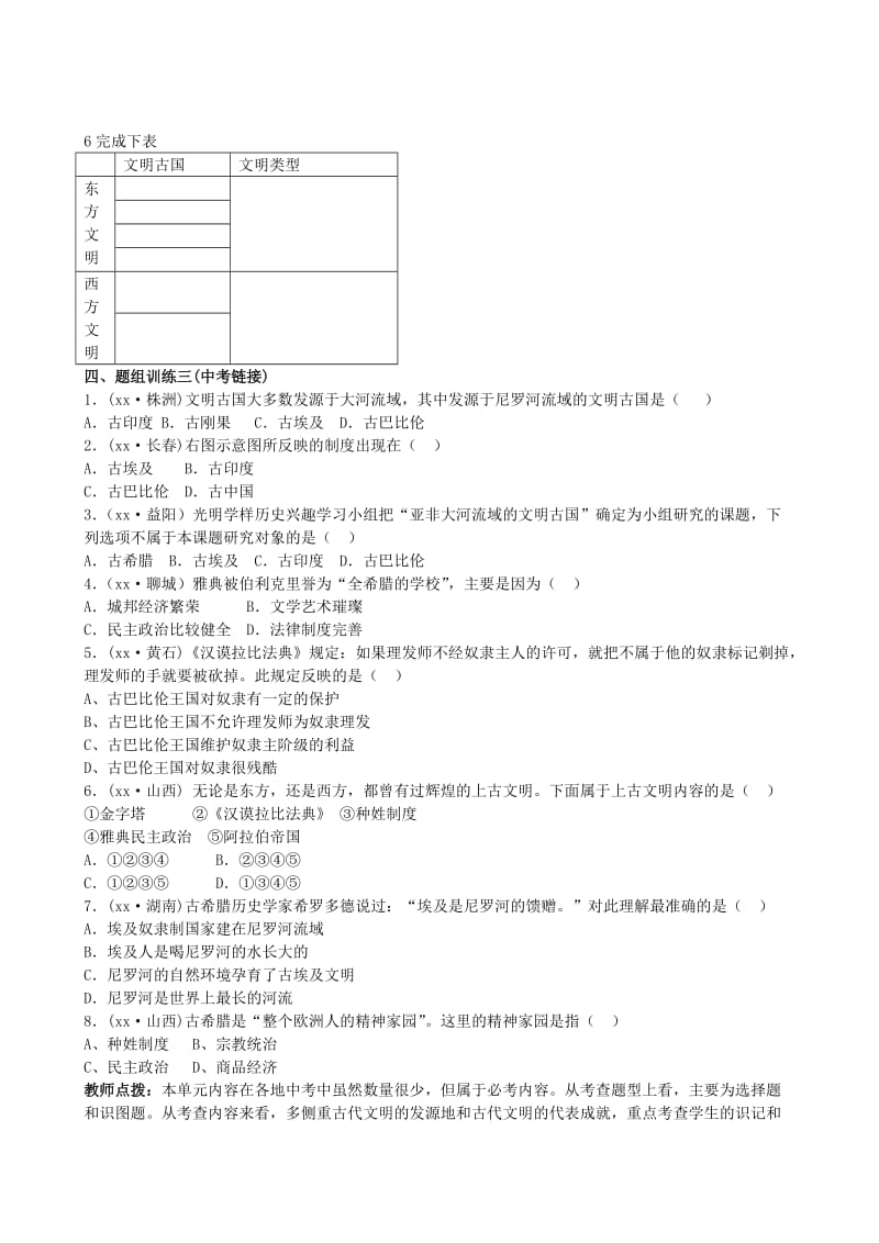 2019-2020年中考历史 单元知识复习 第一部分 主题二十 人类文明的开端导学案 华东师大版.doc_第3页