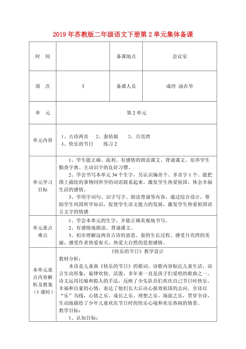 2019年苏教版二年级语文下册第2单元集体备课.doc_第1页