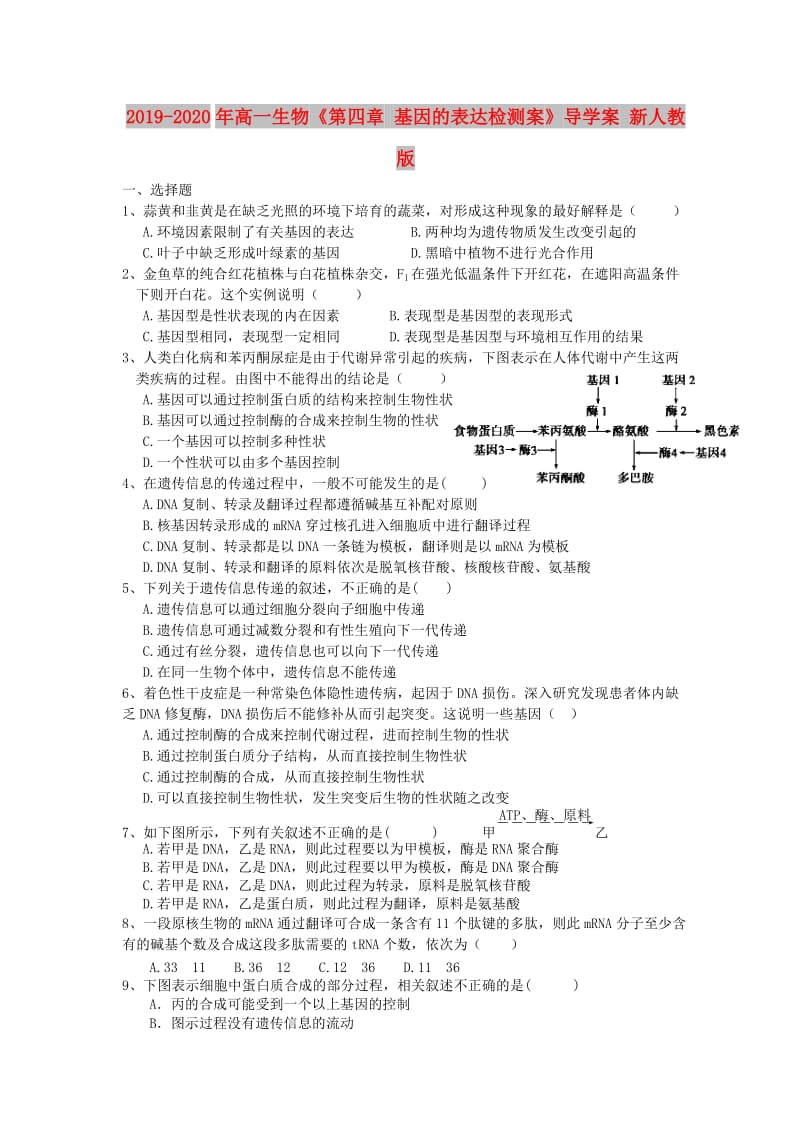 2019-2020年高一生物《第四章 基因的表达检测案》导学案 新人教版.doc_第1页